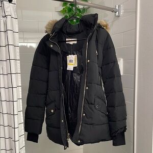 Michael Kors Women's Black Puffer Jacket with Fur Hood